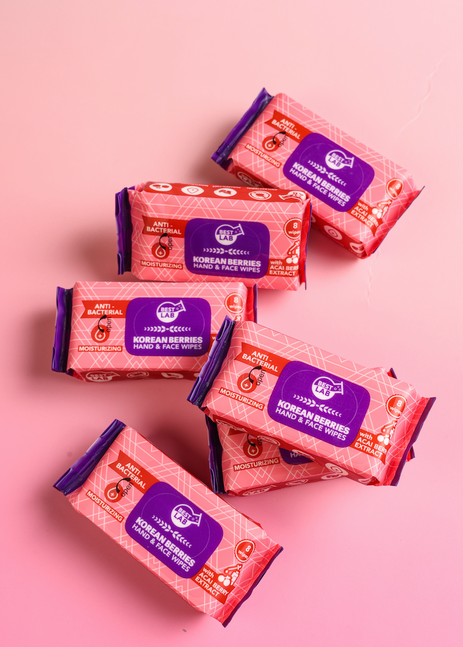 Korean BERRIES HAND AND FACE WIPES  (Anti-Bacterial, Moisturizing, with Acai Berry extract) Mini wipes