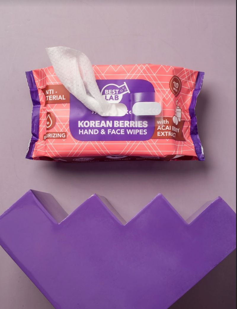 Korean BERRIES HAND AND FACE WIPES  (Anti-Bacterial, Moisturizing, with Acai Berry extrac)-100s